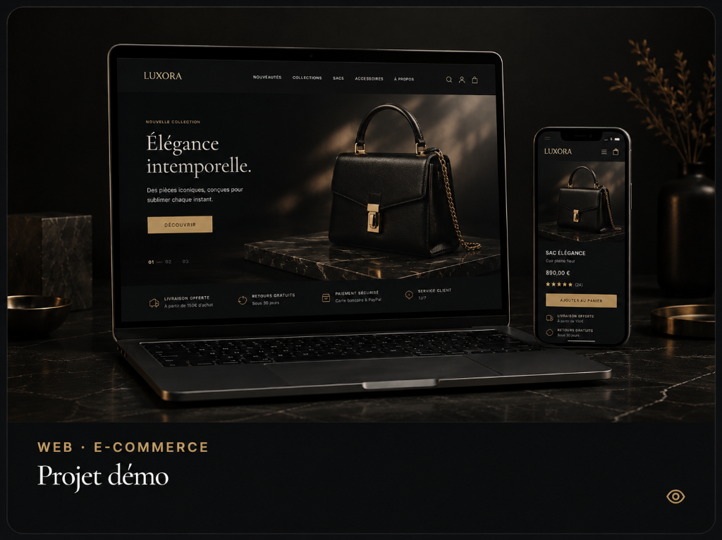Site e-commerce LUXORA — Élégance intemporelle, présentation sur ordinateur portable et mobile, design boutique premium