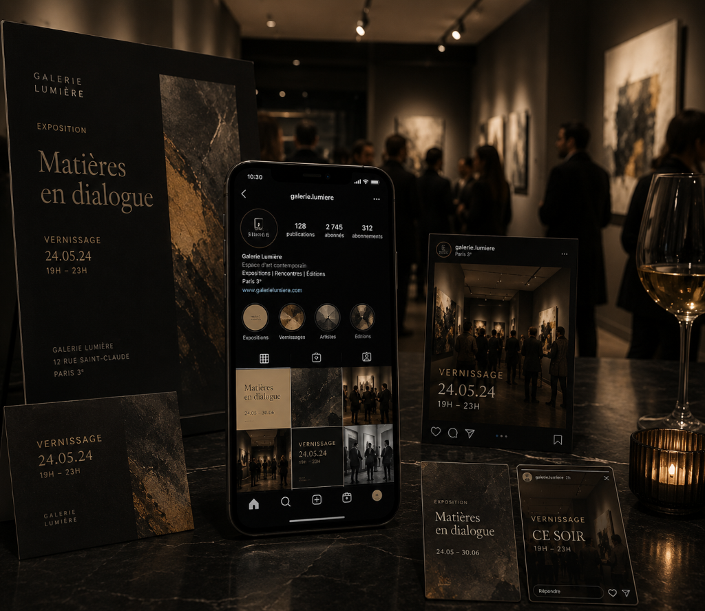 Galerie Lumiere - identite visuelle et ecosysteme social media : affiche de vernissage, mockup Instagram sur smartphone, gatefold et stories