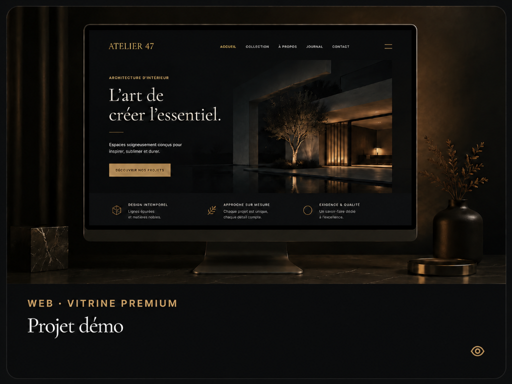 Atelier 47 - site vitrine premium, design sombre et epure, presentation de projet d interieur